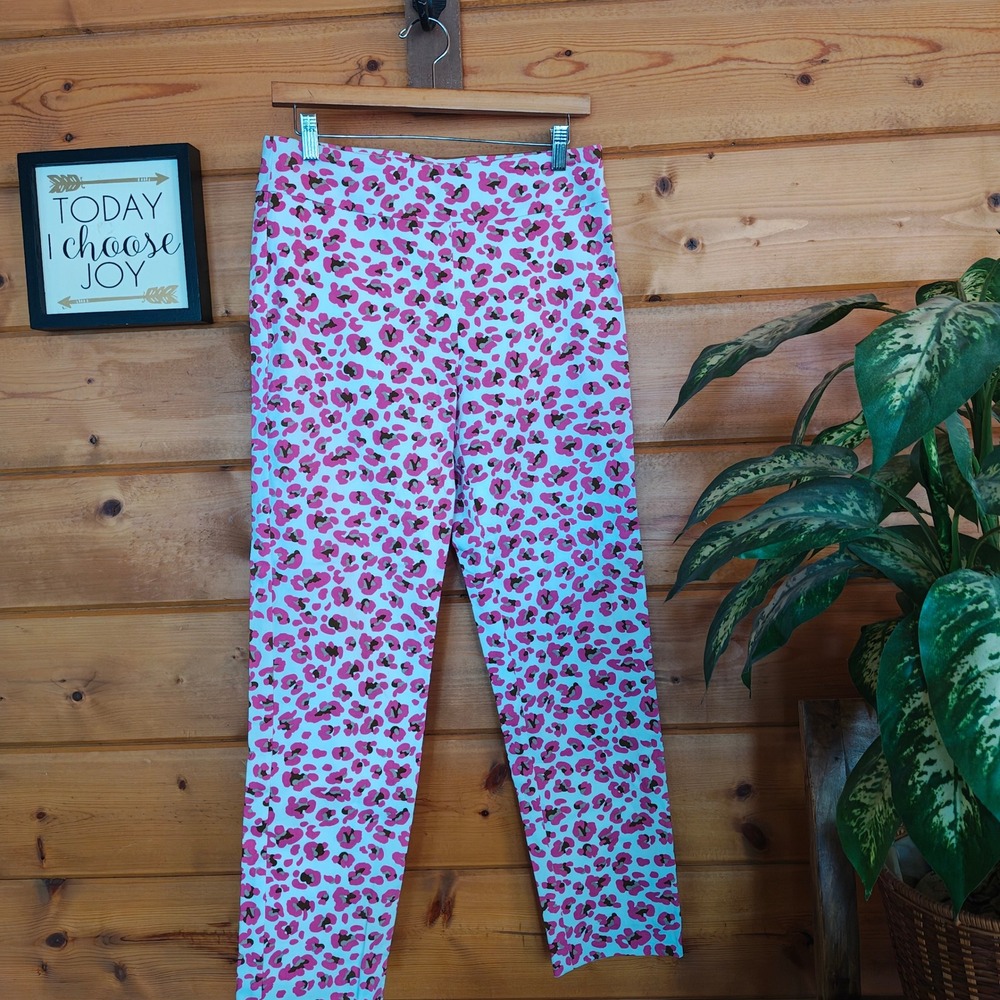 Krazy Larry Pink Cheetah Animal Ankle Pants Stretch Pull On Straight Sz 8 x 28"